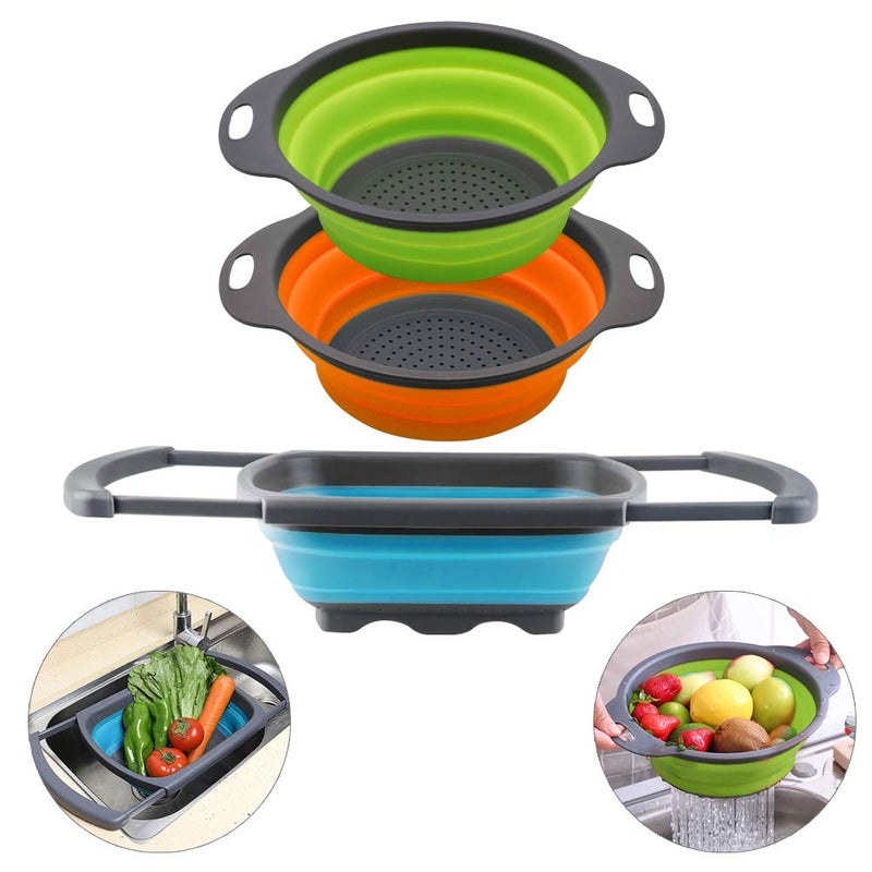 QiMH Collapsible Colander Set of 3-2 PC 4 Quart and 1 PC 6 Quart Over the Sink Colander - Food-Grade Sturdy Plastic Base - Round Space-save Silicone Kitchen Foldable Food Strainer - Image 1